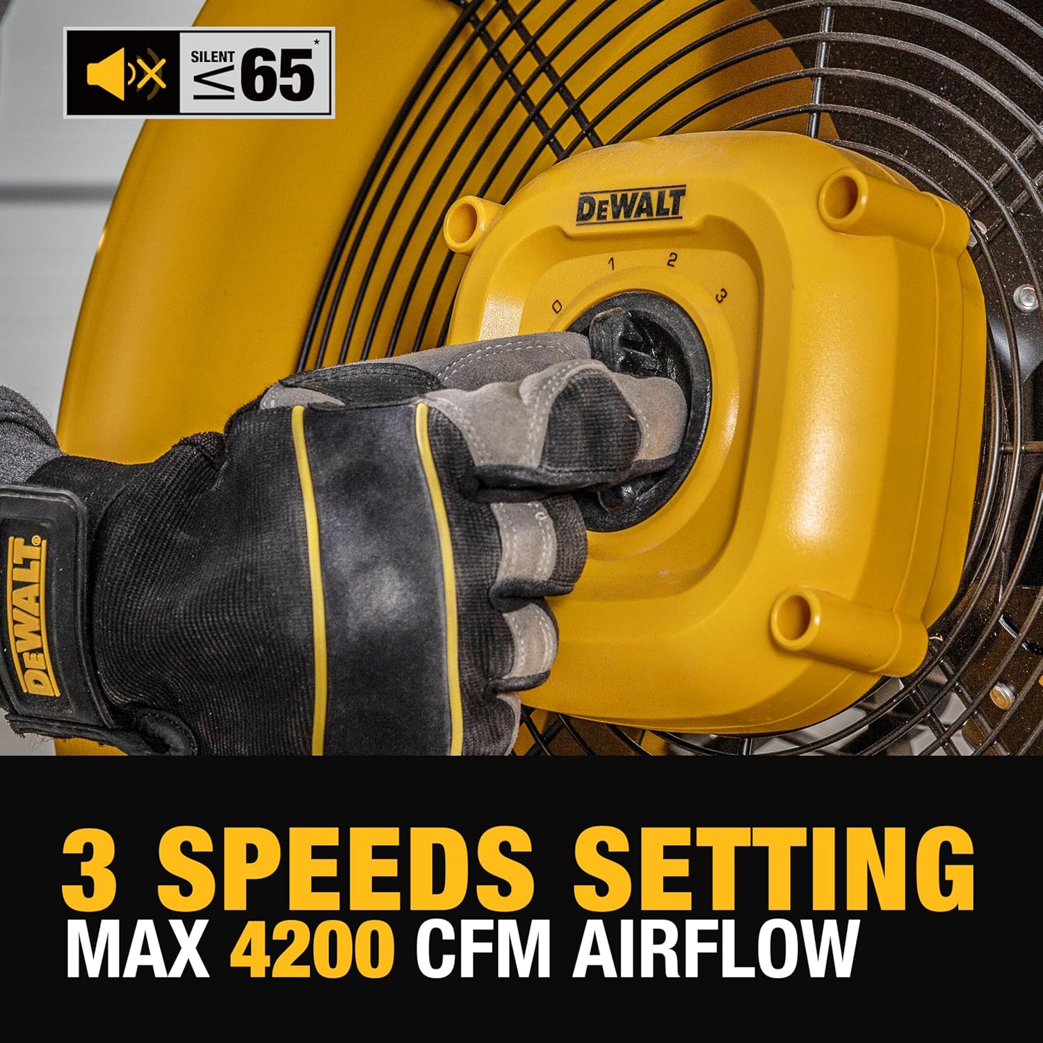 DEWALT DXF1840 Floor Fan, Industrial Fans, 18 Inch High Velocity Fan with 3-Speed Heavy Duty Air Circulator and 180 Adjustable Tilt, Large Electric Metal Rotating Garage Fan, Drum fan for Work, Yellow - Image 6
