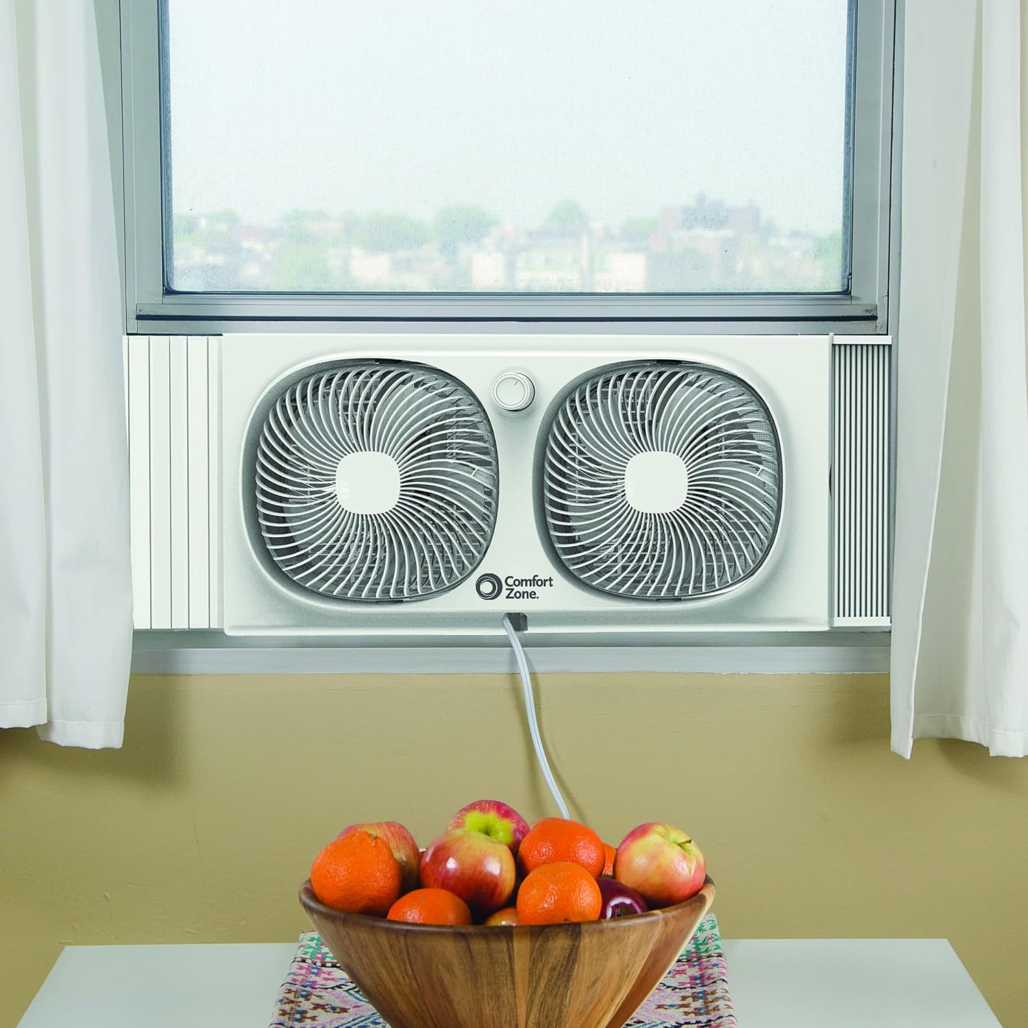 Comfort Zone 9-Inch Twin Window Fan with 2-Speed Independent 180° Rotating Fan Heads, Auto-Locking Expanders & Removable Bug Screen, Reversible Exhaust Fan for Bedroom or Home - Image 4