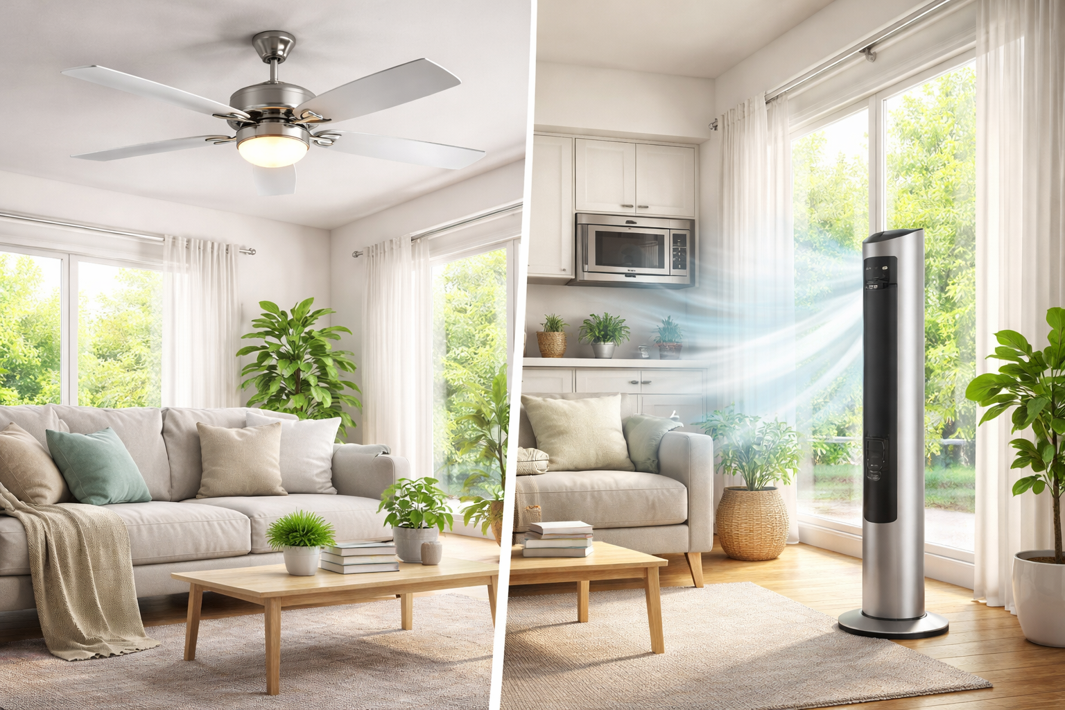 Modern home with cooling fan and comfortable interior